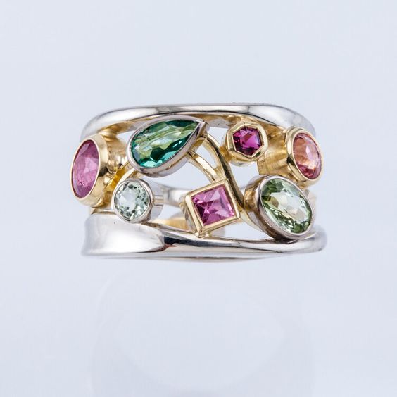 Vintage Bunter Glas Gold & Silber Ring