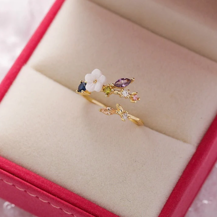 Wildblumenring mit bunten Zirkonia in Gold, verstellbar