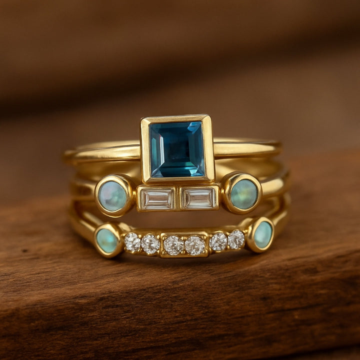 Vintage Blau Kristallring Set