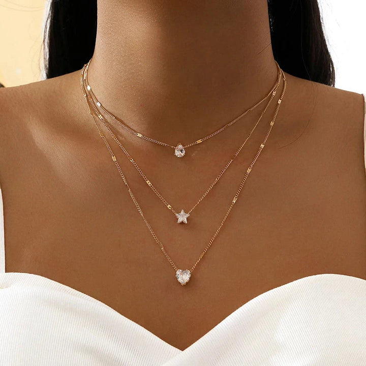Drei-Pendant-Halskette mit Gold-Zirkonia