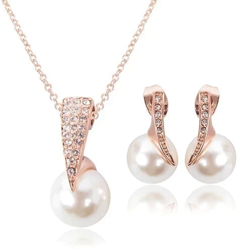 Set Halskette + Ohrringe mit Perlen in Roségold