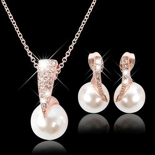 Set Halskette + Ohrringe mit Perlen in Roségold