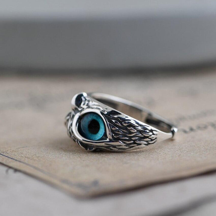 Eule des Glücks Verstellbarer Ring aus Silber und Opal