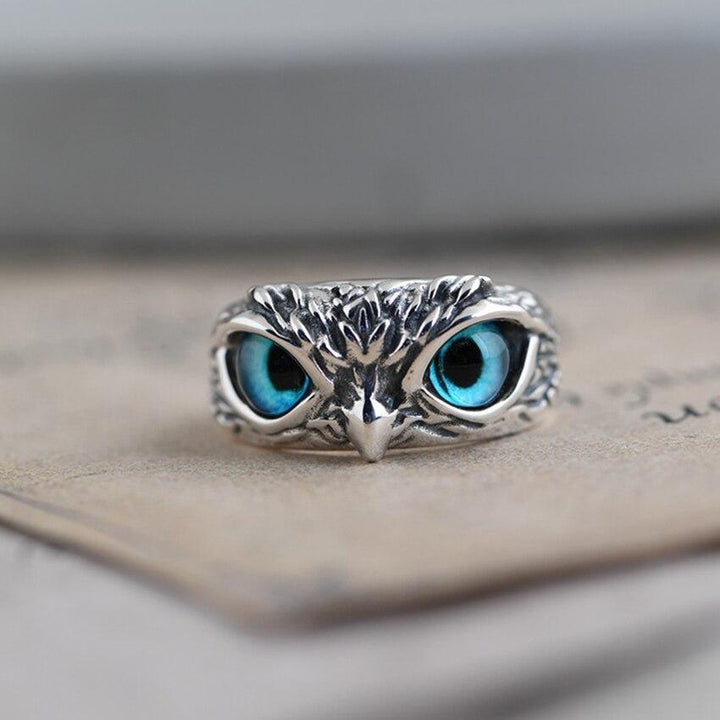 Eule des Glücks verstellbarer Ring in Silber und Opal