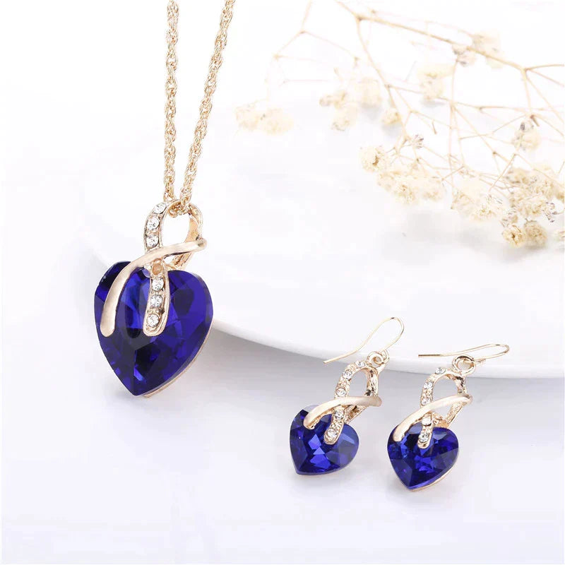 Set Halskette + Ohrringe der Liebe mit blauen Zirkonia in Gold