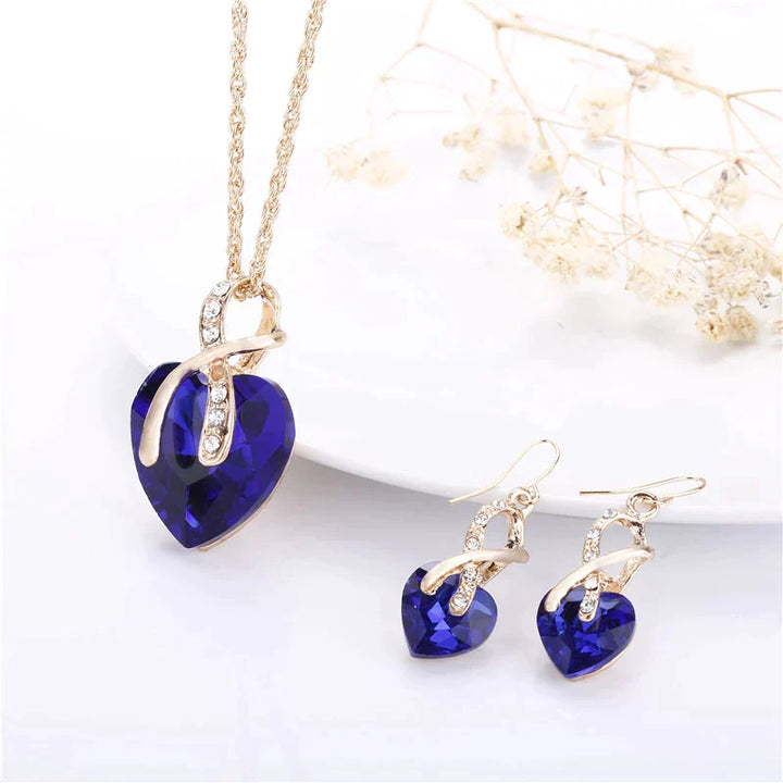 Set Halskette + Ohrringe der Liebe mit blauen Zirkonia in Gold