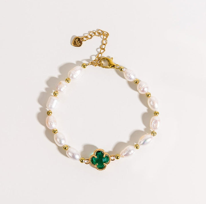 Smaragd Kleeblattarmband mit Smaragd und Perlen in Gold