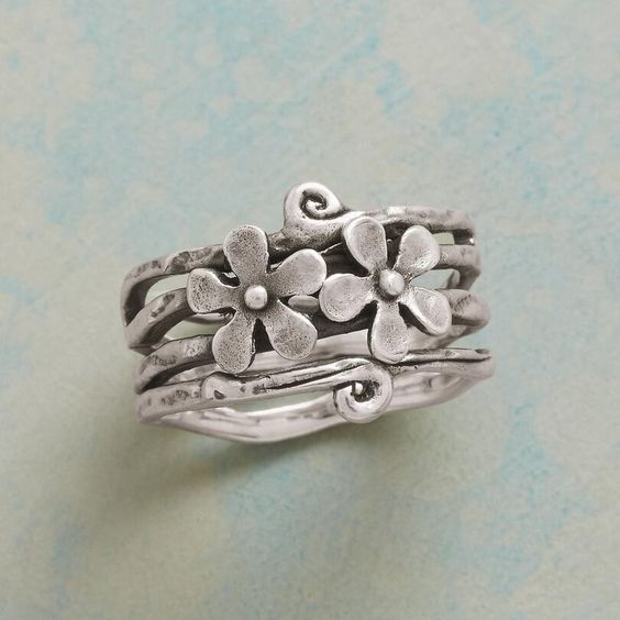 Vintage Blumen Silber Geschichteter Ring