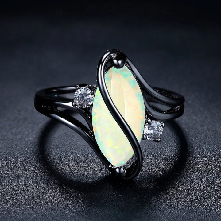 Vintage Schwarzer Silber Opal & Kristall Akzent Ring