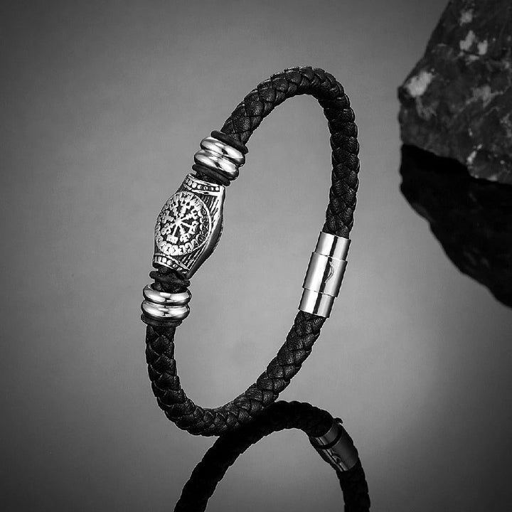 Geflochtenes schwarzes Wikinger-Kompass-Lederarmband