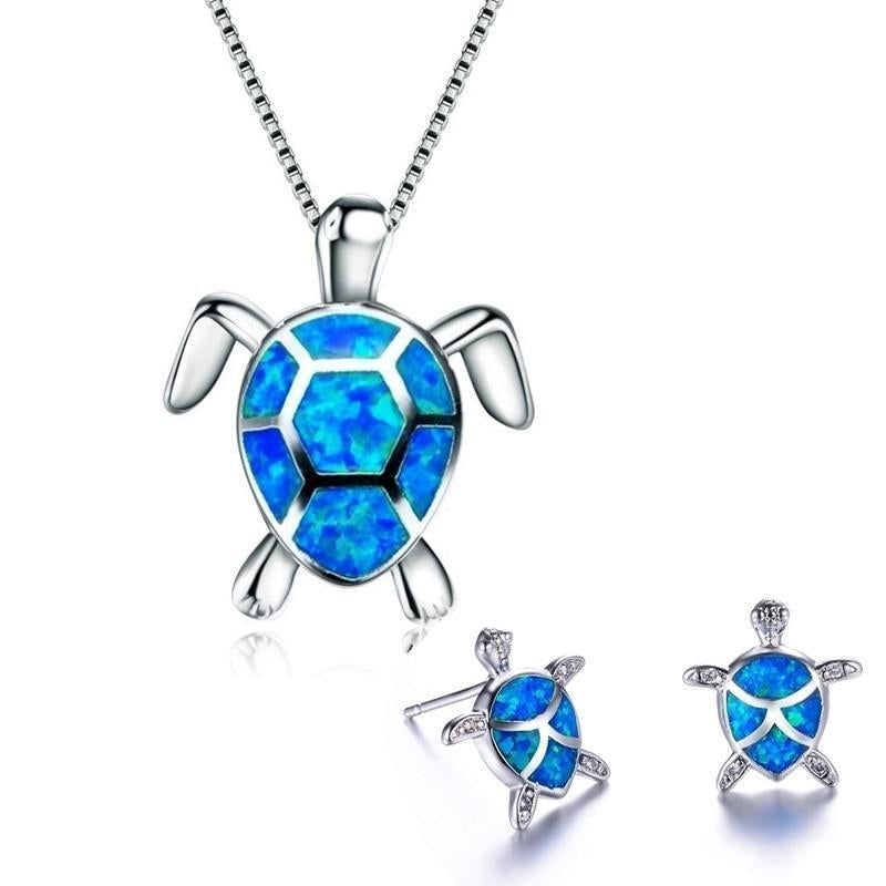 Meeresschildkröte Halskette + Ohrringe Set aus Opal und Silber | Nachhaltiger, vom Ozean inspirierter Schmuck