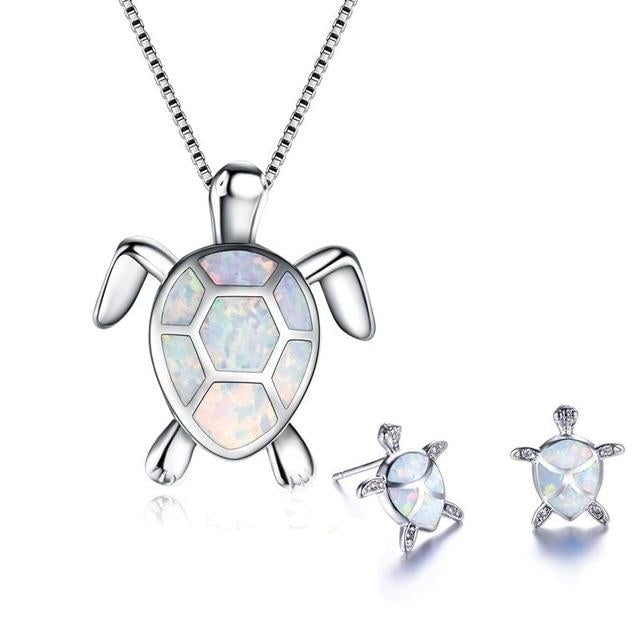 Meeresschildkröte Halskette + Ohrringe Set in Opal und Silber
