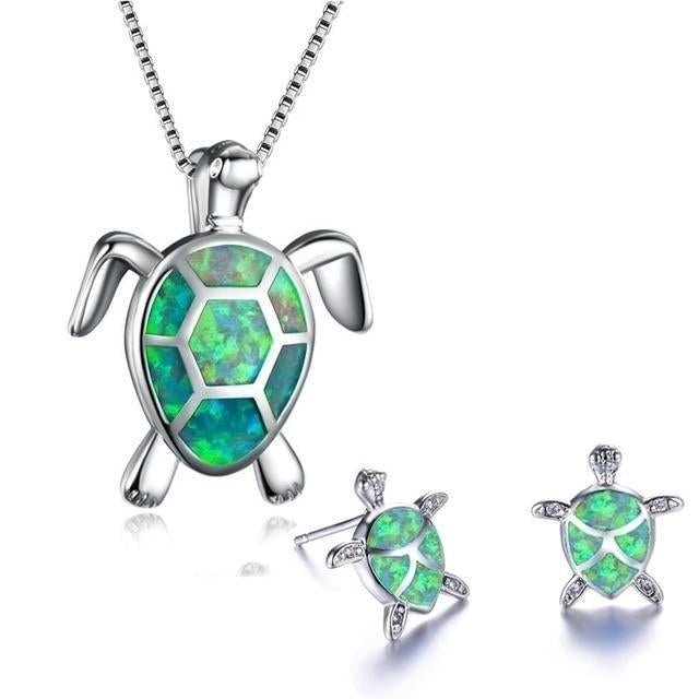 Meeresschildkröte Halskette + Ohrringe Set aus Opal und Silber | Nachhaltiger, vom Ozean inspirierter Schmuck