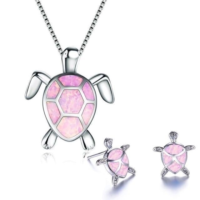 Meeresschildkröte Halskette + Ohrringe Set in Opal und Silber